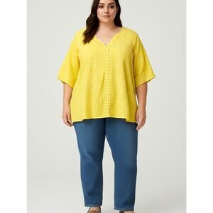 Johnny Was Ramos Evalyn Embroidered Blouse Top 2X Boho Yellow Eyelets Colorful